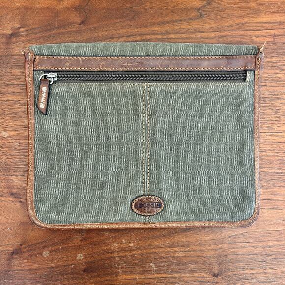 Vintage Fossil Canvas Green Leather Trim Pouch Sleeve Case 10” x 9” Zip Pocket - Picture 3 of 4